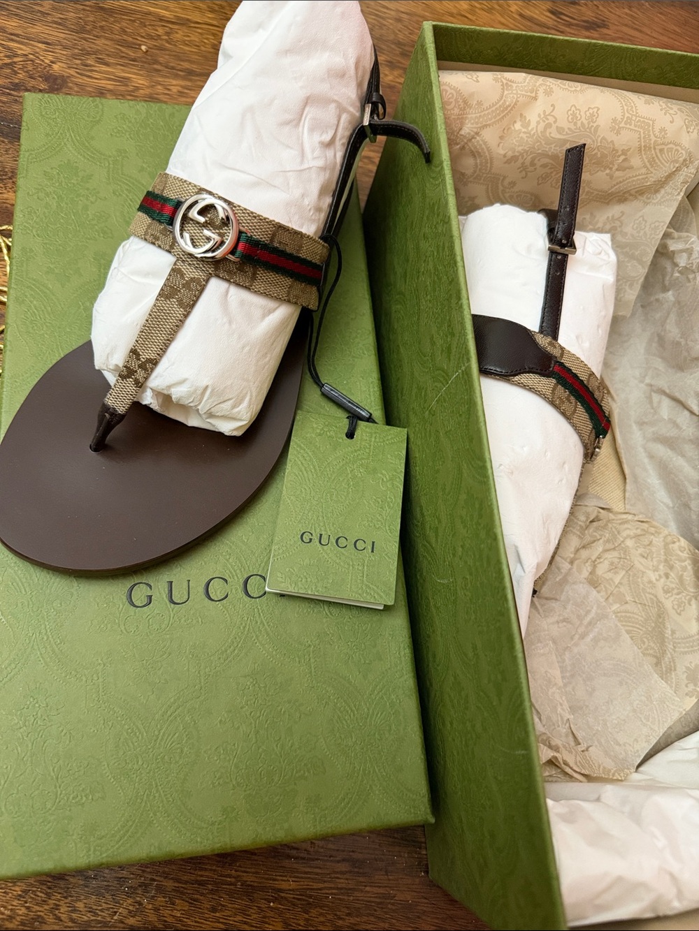 Gucci Brown Leather & GG Canvas Thong Sandals with Green-Red Web